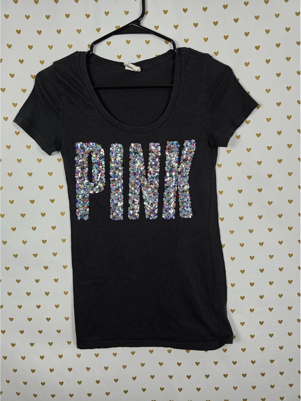 Victorias Secret PINK Black BLING Rainbow Sequined Tee shirt XS